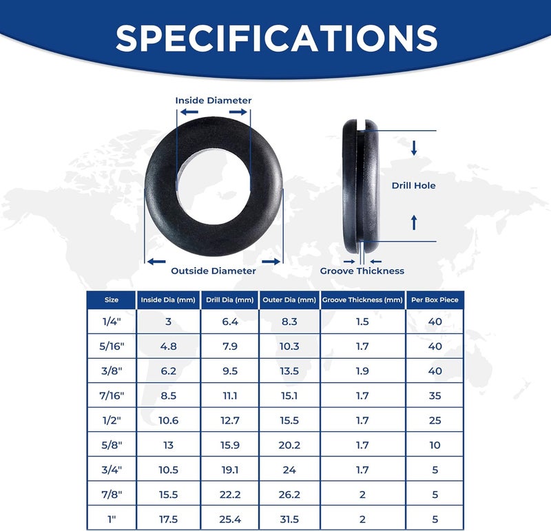 AAM ESSENTIALS Rubber Grommets for Wiring-205pcs in 9 Sizes 1",1/2",1/4", 3/4", 3/8", 5/8", 5/16", 7/8",7/16" Waterproof hole rubber grommet kit & Tear Resistant Firewall Grommets wire grommet Ideal for Auto Sealing - Image 4